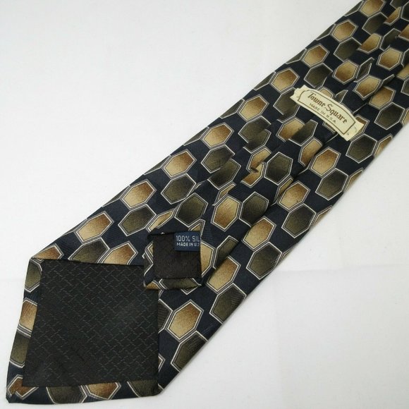 Honeycomb Hexagons Silk Tie Towne Square Navy Blue w/ Green & Brown 57.5"x3.75" - Picture 2 of 4